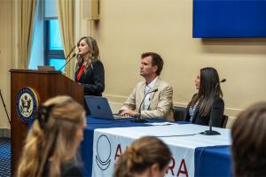 Maryna Ovtsynova, President of ALLATRA, speaks at the Congressional Briefing “Cognitive Warfare: Influence, Info-Terrorism, and Manipulation,” held by ALLATRA at the Rayburn House Office Building