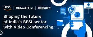 AWS and VideoCX.io partnership banner illustrating how video conferencing is shaping the future of India's BFSI sector.