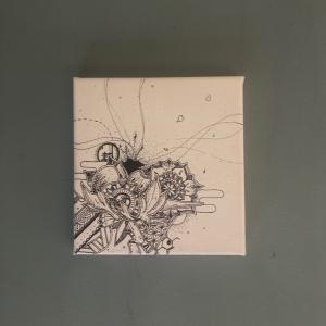 Monochrome hand-drawn canvas artwork featuring floral and geometric patterns overlapping to express the cycle of life and nature. Created by artist Initial5.