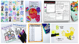 Colorful collage of printable activities from Homeschool of 1, including crafts, coloring pages, and educational worksheets for kids.