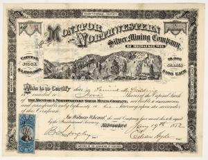 Spectacular stock certificate for Monitor & Northwestern Silver Mining Co. (Alpine Cty., Caif.), number 793, issued for 5 shares in 1872, signed by two officers. Estimate: $1,000-$2,000.
