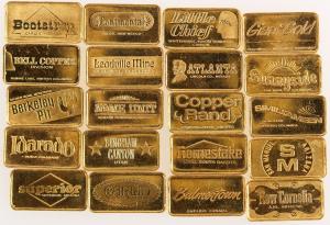 Collection of 20 Franklin Mint 24 carat gold ingots of North American gold mines, made in 1977. Total weight: 1.66 troy ounces. Each ingot 18mm by 10mm. Estimate: $10,000-$15,000.