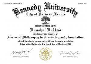 Honorary Doctor of Philosophy in Marketing and Innovation certificate awarded to Dr. Kaushal Kakkad by Kennedy University on October 4, 2025