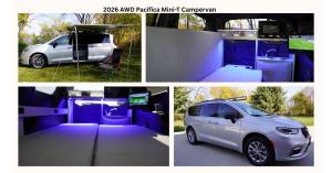 Interior and exterior views of the 2026 AWD Pacifica Mini-T Campervan showing compact Class B RV layout with pull-out bed, sink, TV, and power system for off-grid camping.