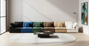 Modular velvet couches in black, blue, green, and brown lined up in a contemporary living room, illustrating 2026 color trends in furniture.