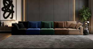 The Tivoli Velvet Couch Collection in black, blue, green, and mocha in modern living room