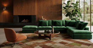 A green velvet couch paired with neutral lounge chairs and warm lighting captures the tactile elegance driving modern living room design.