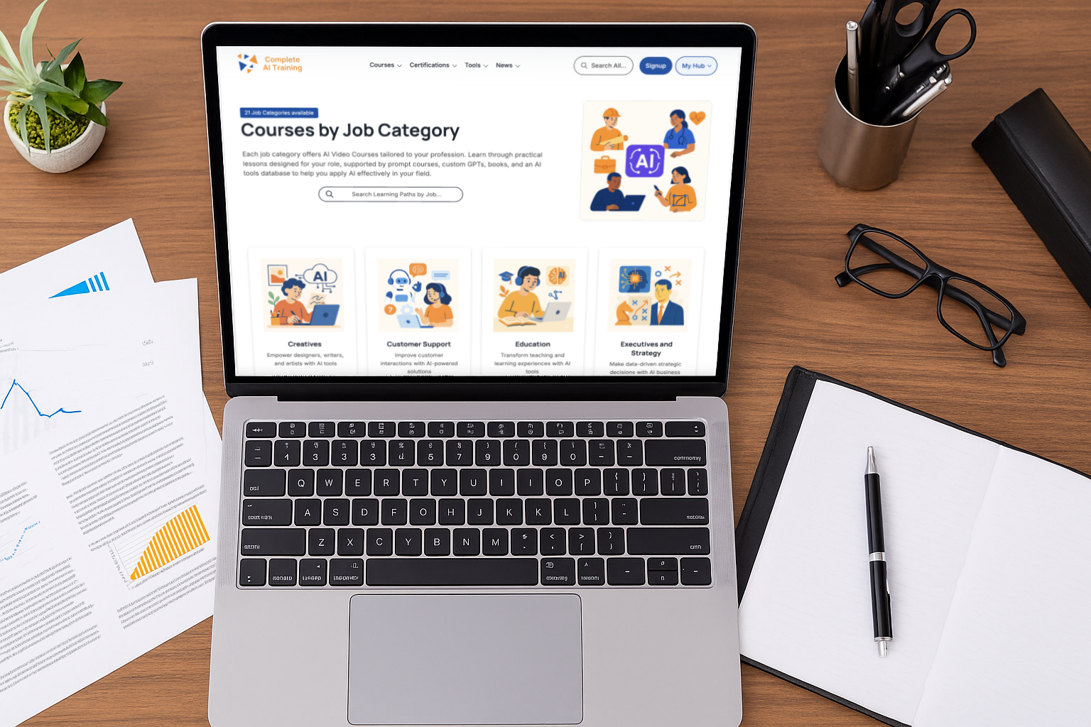 Laptop showing the Complete AI Training site, symbolizing workplace AI learning and employee development.