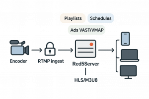 Diagram showing how RTMP live streaming works on Red5Server’s dedicated infrastructure, illustrating the connection between the broadcaster, the Wowza-powered streaming server, and viewers receiving the stream via RTMP and HLS protocols.