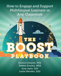 front cover of the book title "The BOOST Playbook," which features a rocket launching into the sky, with clouds and flames beneath it.