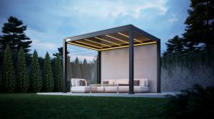 Family enjoying a backyard evening under a Relaxure pergola; LED and RGB lights glow along roof louvers.