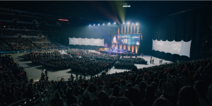 Thousands of young people fill a stadium for the National Catholic Youth Conference.