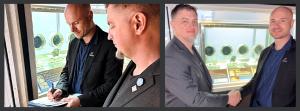 Pictured above are Walter Schroeder, CPO of CisLunar Industries, and Jerome Hittle, CEO of AmplifiedSpace. In the left photo, Walter is signing the MOU in front of the Lunar Rocks display at Space Center Houston. In the right photo, Jerome and Walter are 