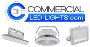 CommercialLEDLights.com logo and 3 versions of explosion proof lights below the logo.
