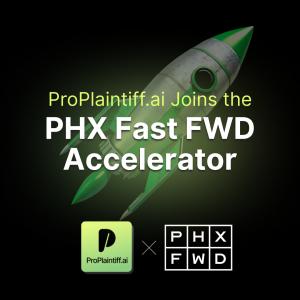 Blog cover with the text "ProPlaintiff.ai Joins the PHX Fast FWD Accelerator program" Rocket ship behind
