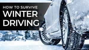 Text: How to Survive Winter Driving. Image: A car driving on a snowy road.
