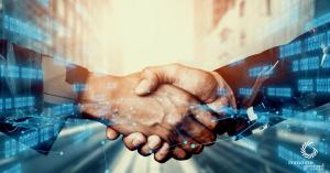 Close-up of two people shaking hands with digital network and binary code overlay, symbolizing the intersection of human connection and artificial intelligence in consulting.