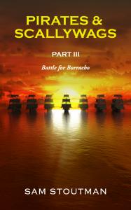 Seven sailing ships head across the water towards the setting sun and sky at dusk.