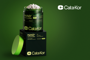 Bottle of Cata-Kor NAD+ Advanced dietary supplement featuring liposomal NAD+ and resveratrol formula for general wellness.