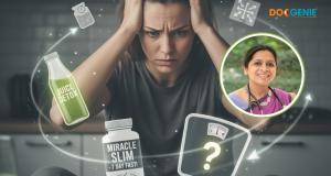 woman stressed about weight loss options surrounded by detox drinks and supplements, with Dr. Rachna from DocGenie offering guidance.