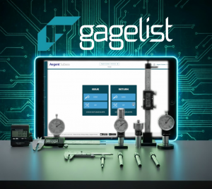 GageList Crib Management dashboard on a tablet, surrounded by various precision measurement tools (calipers, gages, micrometers) and a circuit board background.
