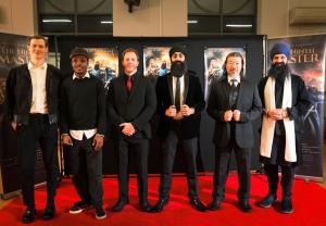 Flex Singh with the cast and crew of The Ninth Master at the London red-carpet premiere event — the first English-language Sikh superhero film showcasing Sikh faith, South Asian pride, and British independent cinema.