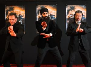Flex Singh, Marty Mummery, and Richard Chan pose at The Ninth Master red-carpet premiere — a British Sikh feature film blending faith, action, and South Asian representation.