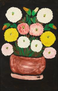 Original oil on board painting by the renowned Louisiana folk artist Clementine Hunter (1887-1988), titled Zinnias. Estimate: $4,000-$6,000