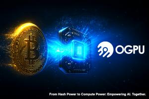 Golden Bitcoin transforming into a GPU chip with OGPU Network logo: “From Hash Power to Compute Power.”