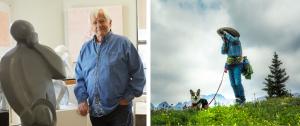 Image of sculptor Mark Yale Harris with a stylized sculpture of a man with his hat in hand and an image of painter Kathleen Frank with her corgi, hiking and photographing in nature