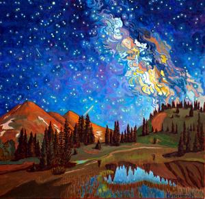A contemporary painting of a starry night over mountains with pine trees and a visible cosmos