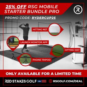 Red Stakes Golf simulator, people playing golf simulator 25% off!