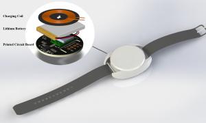 A compact biomedical wrist-worn device featuring heart-rate, temperature, and motion sensors for hospital remote patient monitoring.