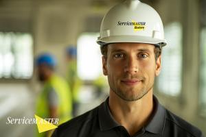 a ServiceMaster Restoration By Simons technician disinfects a wall after a water damage in a Wilmette Illinois basement