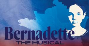 Theatrical poster for "Bernadette," showcasing the main characters in a dynamic stage setting with musical notes in the background.