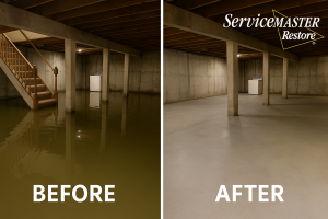 side-by-side photo of before and after of a flooded basement that is now cleaned, dried, and disinfected