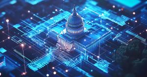 Conceptual image of the U.S. Capitol surrounded by digital network lines symbolizing AI-driven, resilient Federal data infrastructure.