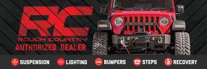 Red Jeep with Rough Country upgrades and Off-Road Canada partnership banner showcasing suspension, lighting, bumpers, steps, and recovery gear.