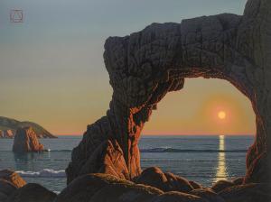 David Ligare: Rock Arch with Sun, 2023, Oil on canvas, 60 x 80"