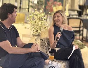 Brian Patrick Flynn and Karen Mooney on stools chatting