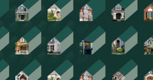 A pattern of graphic homes with cutaways to real images of homes.