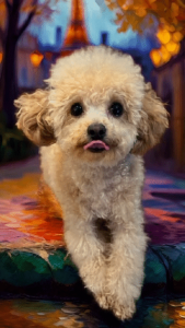 cute poodle dog under Eiffel Tower with happy face and tail wagging excitement