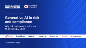 Front cover of a primary research report, Generative AI in risk and compliance 2025, featuring a global survey of 224 senior risk and compliance professionals and evaluations of 620 applications of GenAI in risk and compliance.