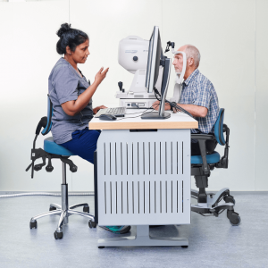 VELA Medical ophthalmology chair designed for ergonomic eye examinations — supporting clinicians and patients during diagnostic procedures.