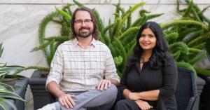 Brico Co-Founders Edward Swiac, CTO and Snigdha Kumar, CEO sit side by side outside their San Francisco office