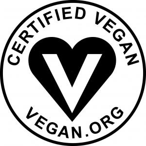 The Certified Vegan Logo is a black and white logo where the letter V is inside a heart that is inside a circle.