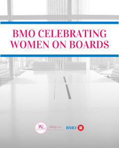 An image of a boardroom table with text overlaid that reads "BMO Celebrating Women On Boards"