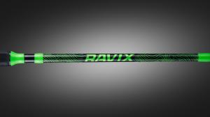 RAVIX™ rod: two‑piece green composite blank with topographic pattern, stainless guides and glow tip.