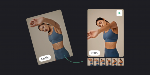 Side-by-side comparison showing a static photo transformed into a short video. On the left, a tilted image labeled “Static” shows a woman in blue athletic wear stretching. On the right, a 5-second video of her moving appears with a play icon and frame thumbnails below.