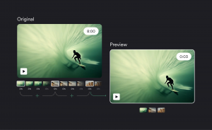 A comparison graphic showing how a long surfing video is shortened into a preview clip. On the left, a video labeled “Original” shows a surfer riding inside a green wave with a timestamp of 8:00. Beneath it is a horizontal strip of small thumbnail frames 